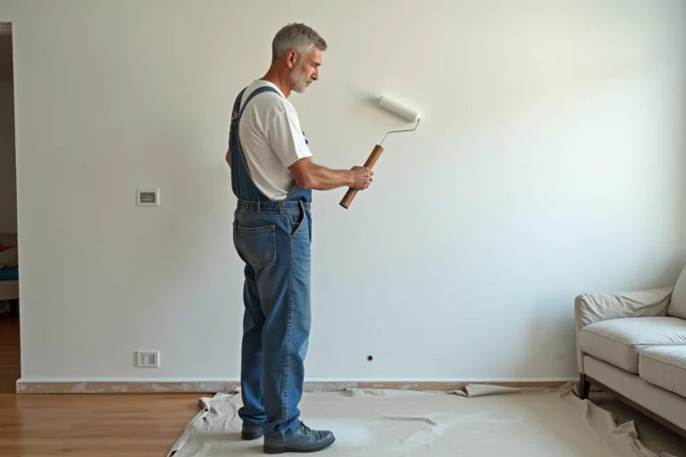 Hommes en overalls peignant un mur dans un appartement moderne