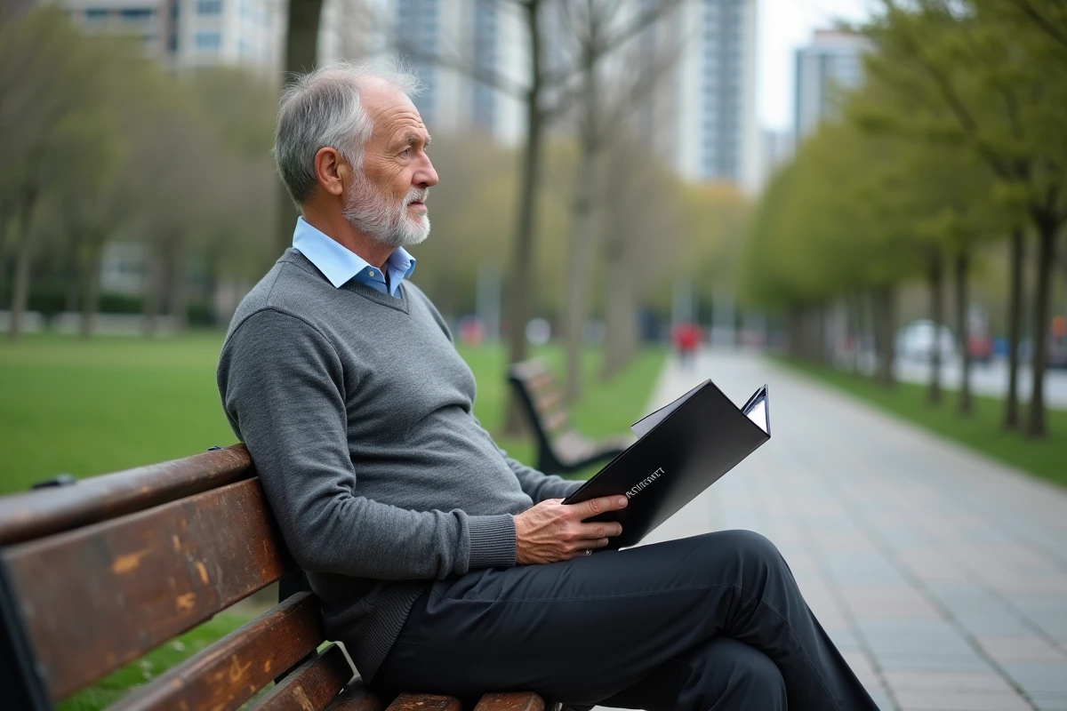 Homme âgé assis sur un banc dans un parc urbain contemplant l