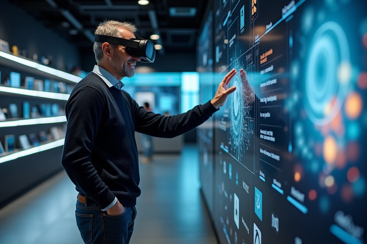 Homme explorant un casque de réalité virtuelle dans un magasin high-tech