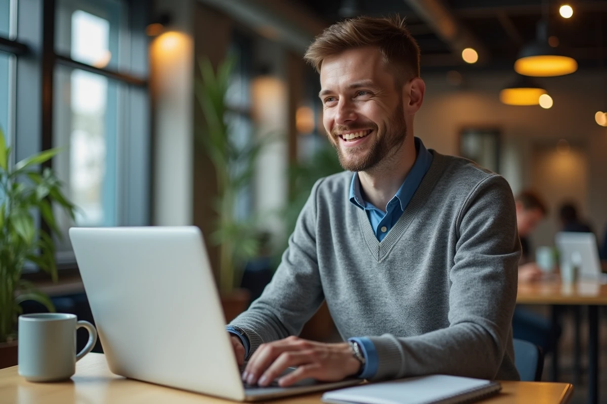 Homme souriant en visioconference dans un espace de coworking