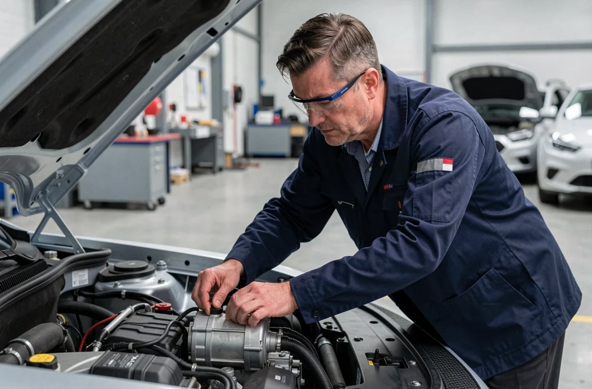 Ingénieur automobile inspectant le moteur électrique d'un véhicule concept dans un atelier industriel moderne