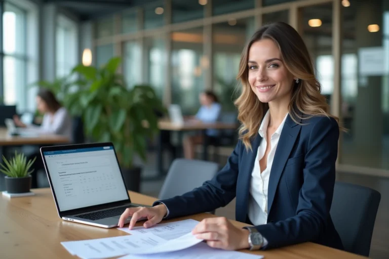 Femme professionnelle consultant un formulaire d'inscription en ligne pour une certification LVMH sur son ordinateur portable dans un bureau moderne
