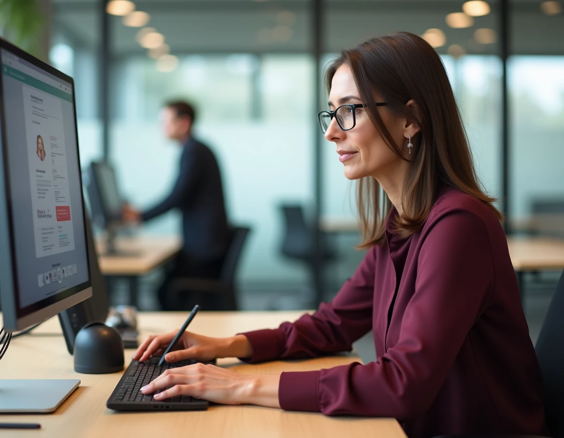 Femme interagissant avec une interface d'intelligence artificielle sur son ordinateur dans un bureau moderne