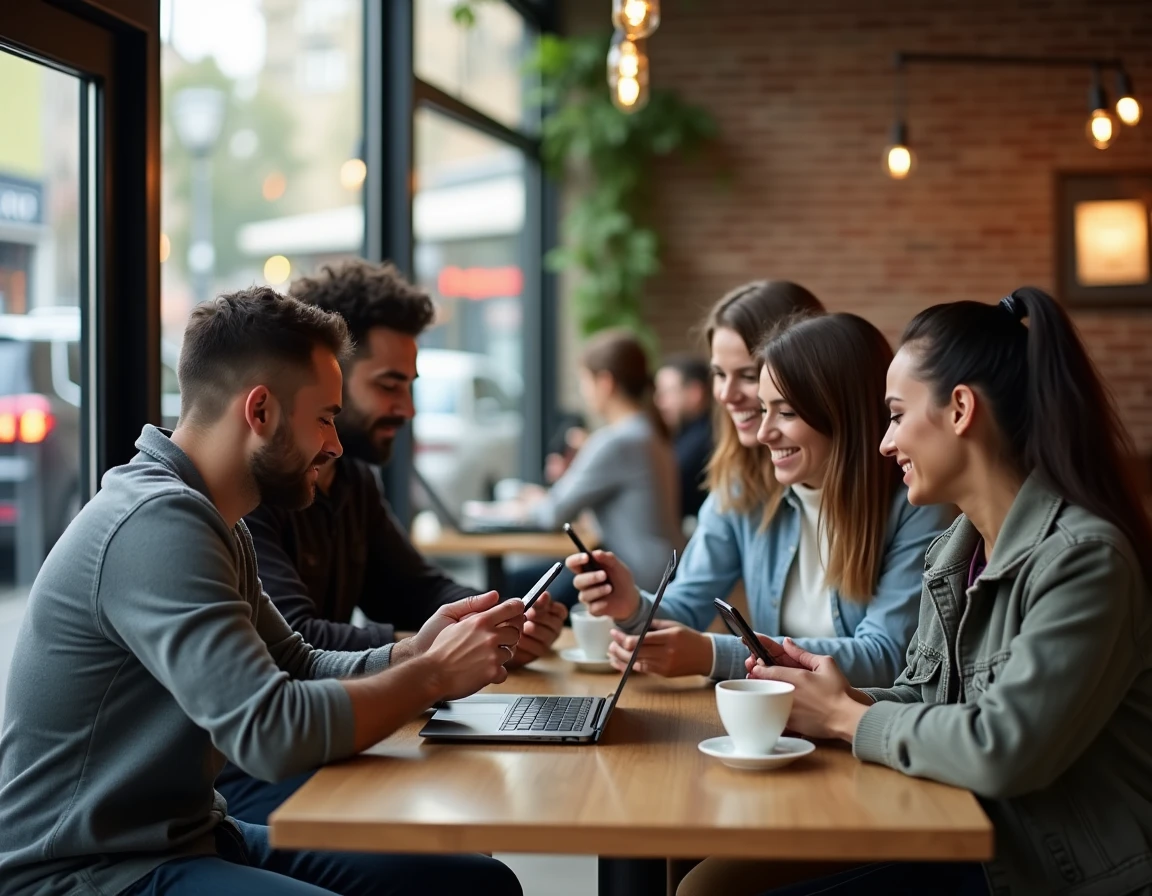 Groupe de personnes connectées sur différents appareils numériques dans un café urbain, illustrant la révolution d'Internet dans le quotidien