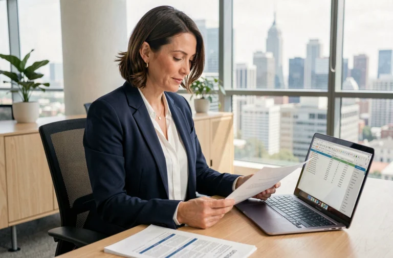 Femme investisseuse immobilière analysant des documents de placement locatif dans un bureau moderne