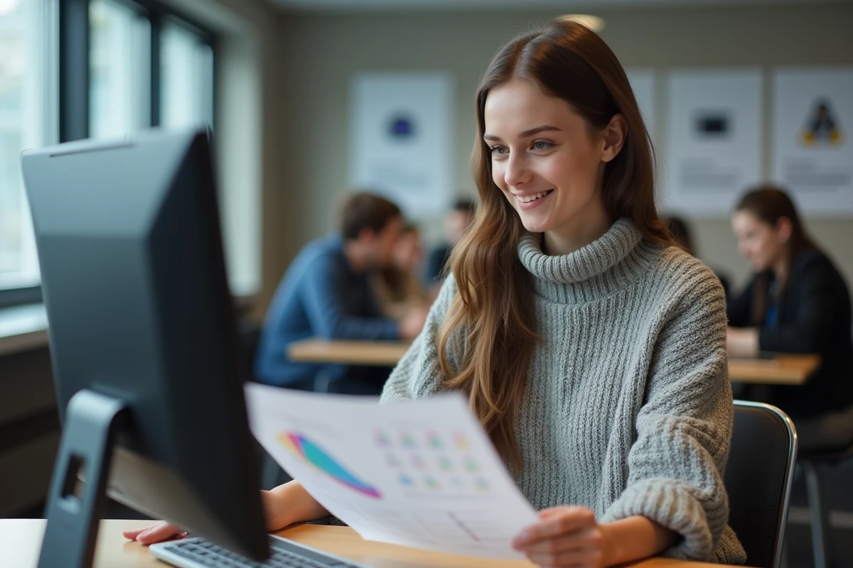 Jeune femme en étude universitaire utilisant un ordinateur et un graphique