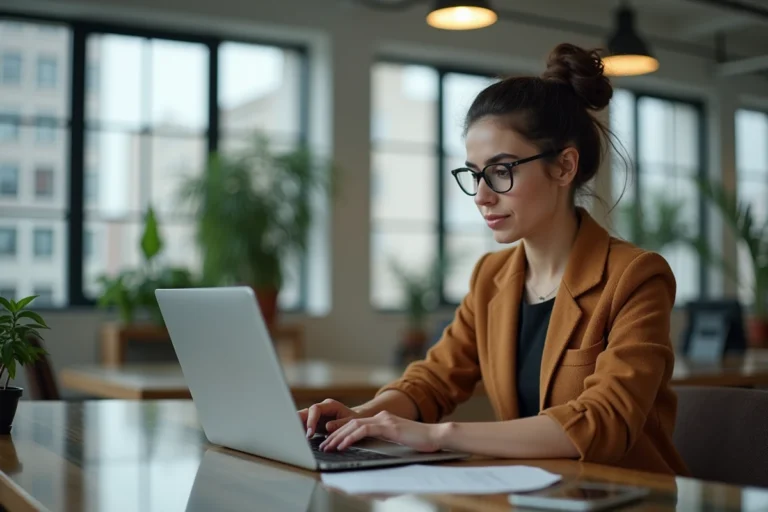 Jeune femme travaillant sur un ordinateur portable dans un espace coworking