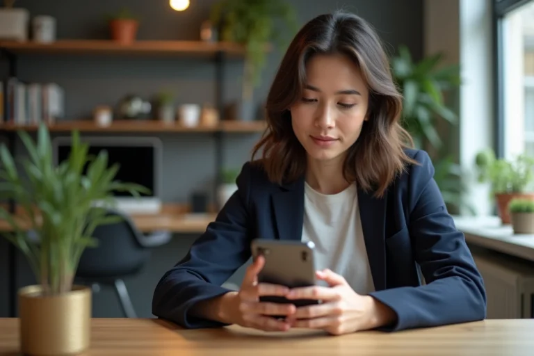 Jeune femme regardant un smartphone pliable dans un bureau moderne