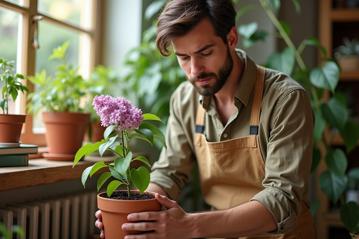 Jeune homme plantant un lilas dans un pot intérieur