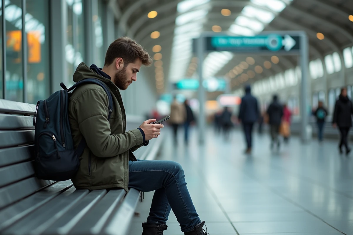 Jeune voyageur utilisant son téléphone dans une station moderne