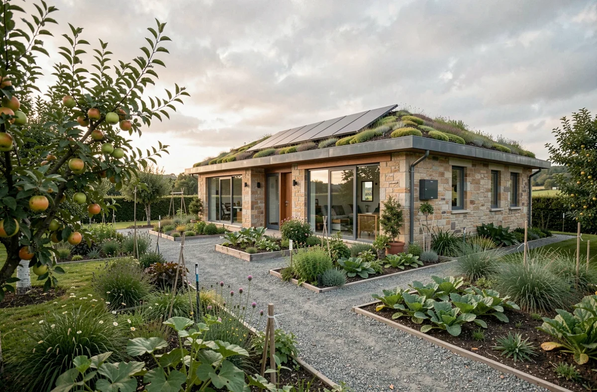 Maison écologique passive avec toit végétalisé, panneaux solaires et jardin en permaculture dans un cadre rural verdoyant