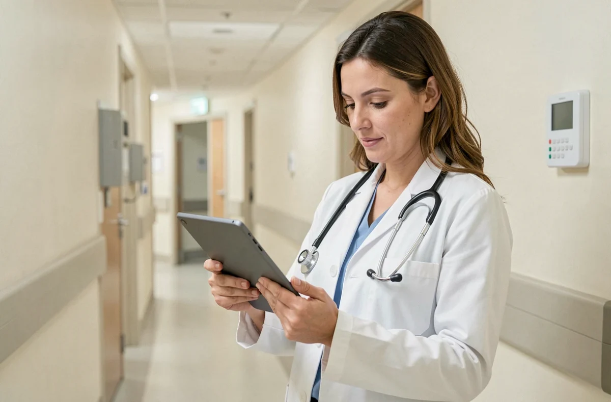 Médecin femme consultant une tablette numérique dans un couloir d'hôpital moderne, actualité santé et innovations médicales