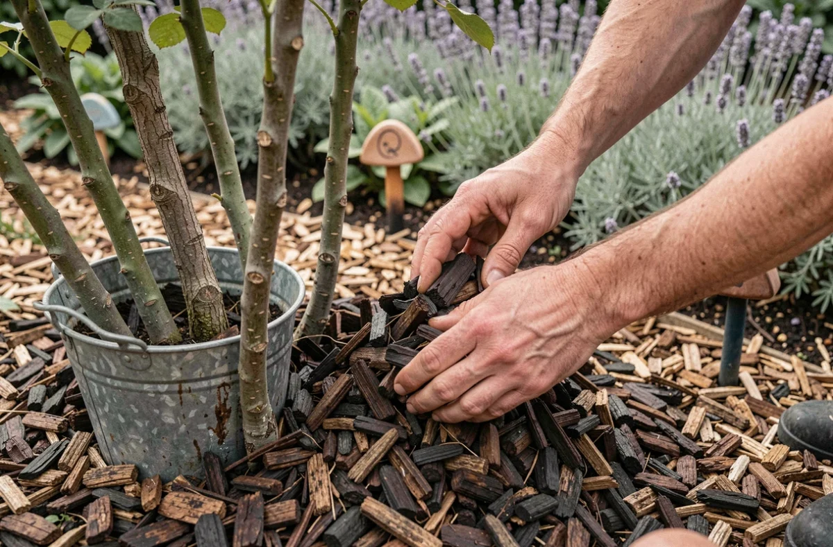 Mains étalant du paillis organique autour de rosiers pour prévenir la pousse des mauvaises herbes