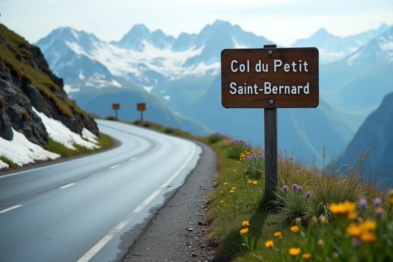 Panneau du col du Petit Saint-Bernard au bord d'une route alpine en fin de printemps avec des plaques de neige fondue