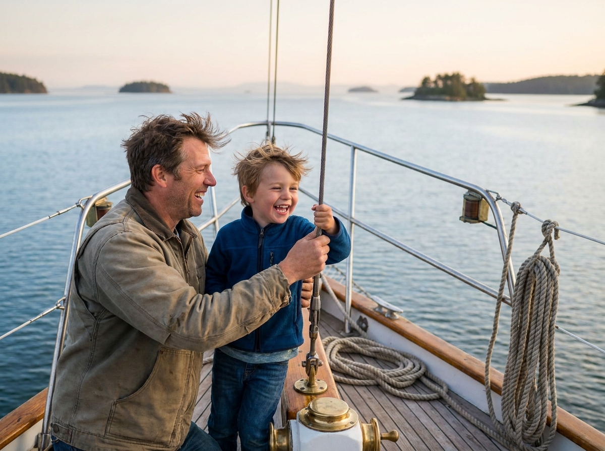 Père et fils riant sur un voilier en mer calme