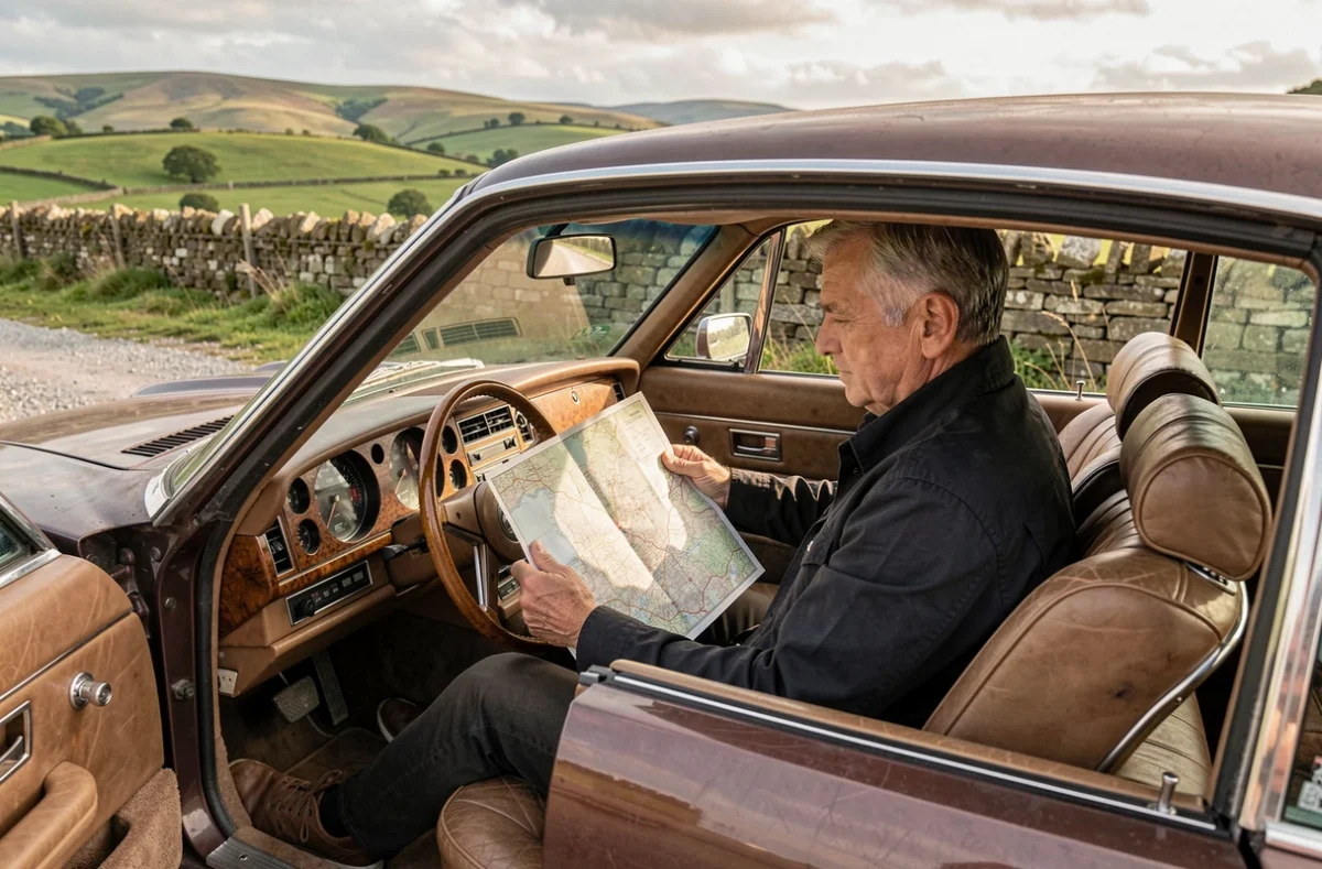 Passionné d'automobile étudiant une carte routière au volant d'un coupé vintage dans la campagne