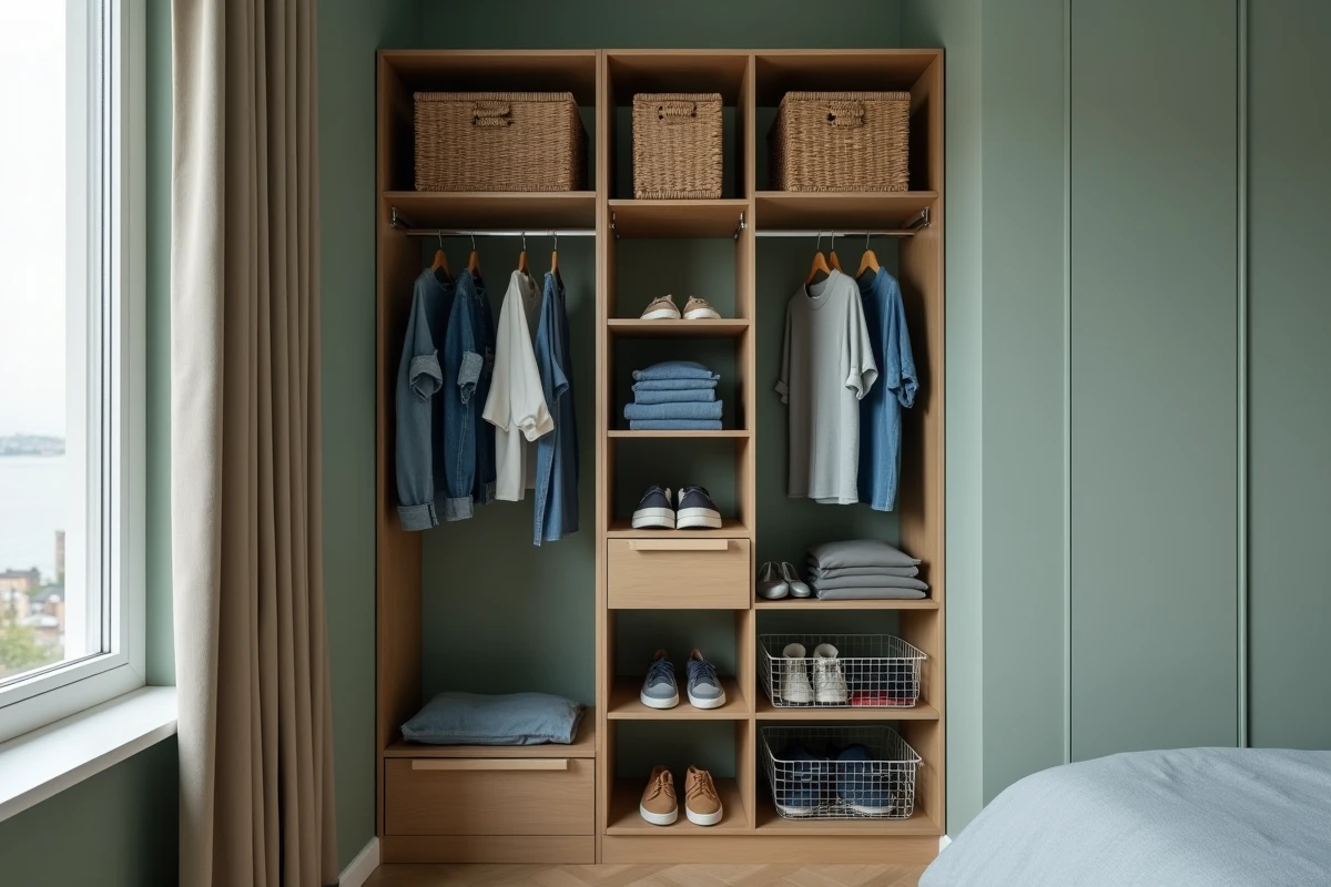 Petit dressing en alcôve avec étagères modulables, tiroirs grillagés et rangements compacts dans une chambre d'appartement