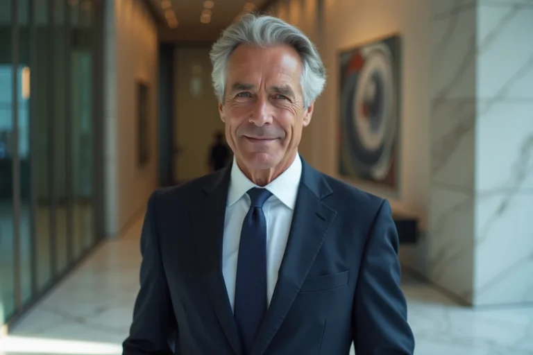 Portrait d'un homme d'affaires européen en costume sombre dans un hall d'entreprise moderne, illustrant le profil de Roger Erhart