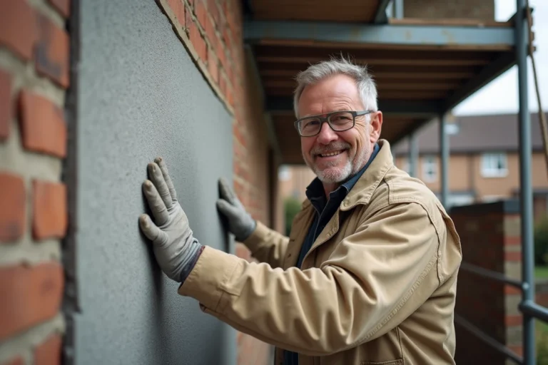 Ouvrier en chantier posant un panneau de laine de roche sur un mur extérieur en brique pour l'isolation thermique conforme RE 2026