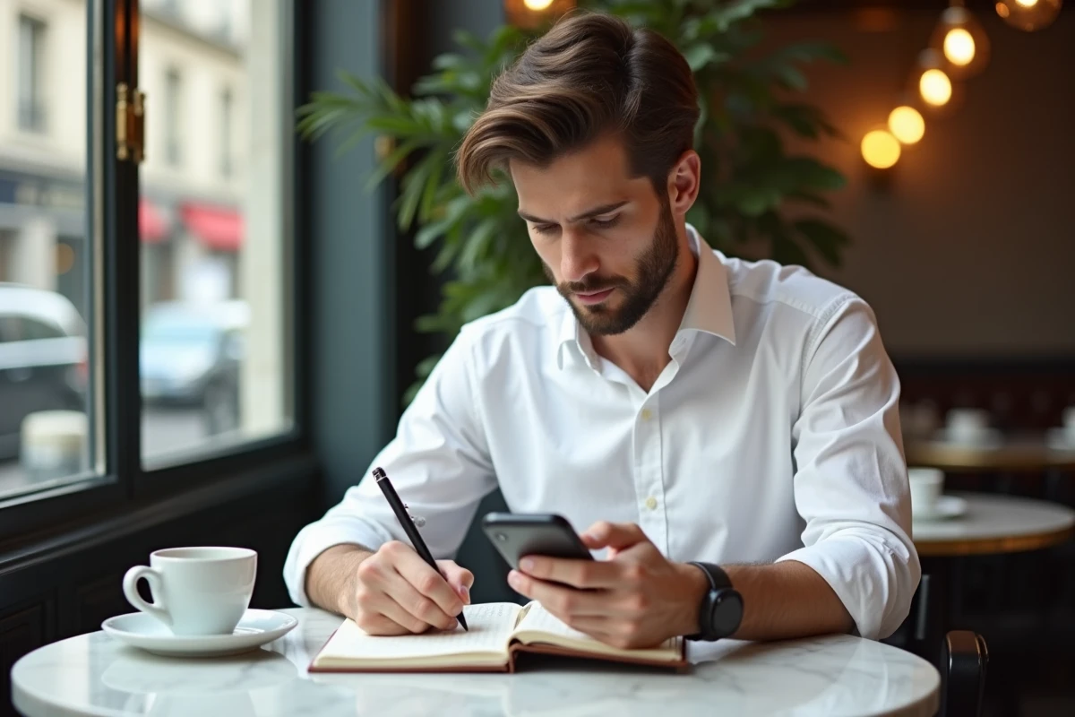 Jeune homme prenant des notes dans un agenda et consultant les dates clés de la certification LVMH 2026 sur son smartphone dans un café parisien