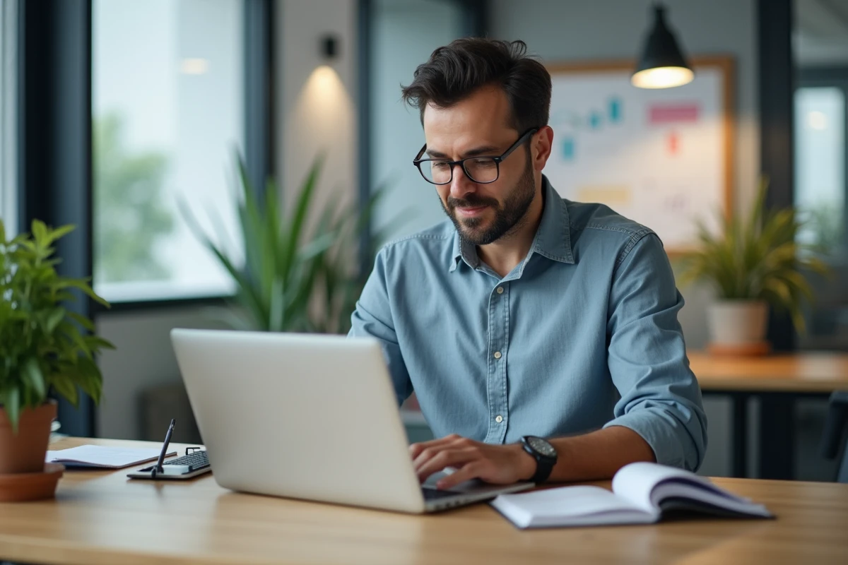 Homme professionnel en informatique travaillant sur un ordinateur moderne