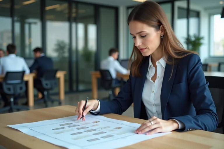 Professionnelle en blazer bleu marine analysant un plan de sitemap imprimé sur un bureau de bureau moderne