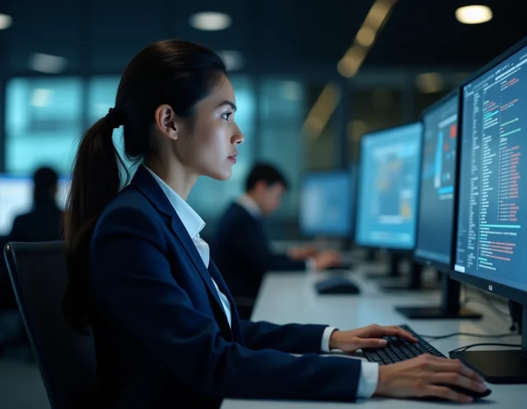 Professionnelle en cybersécurité analysant des tableaux de bord de sécurité réseau sur plusieurs écrans dans un centre d'opérations informatiques d'entreprise
