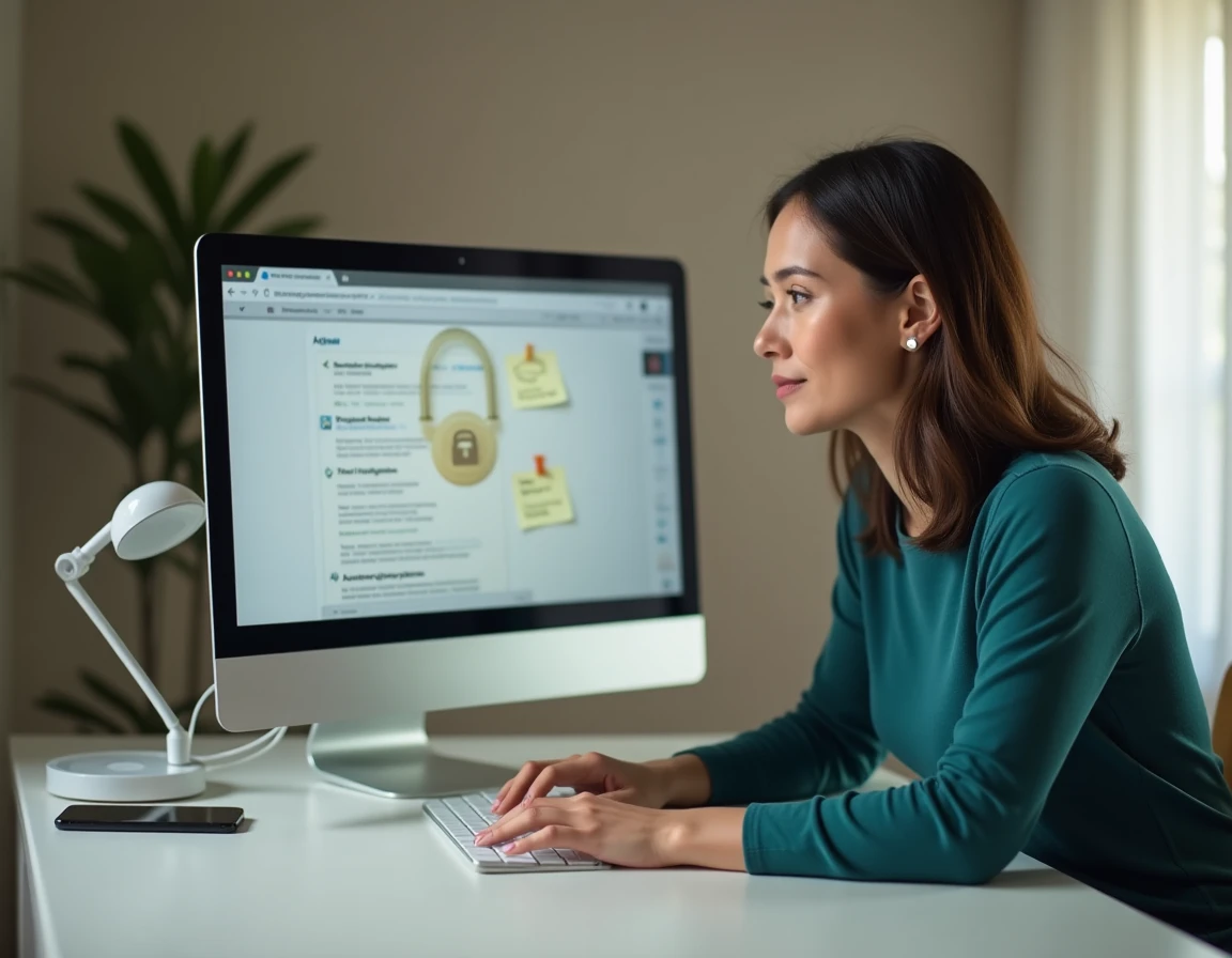 Femme consultant les paramètres de confidentialité sur son ordinateur illustrant la collecte et la protection des données personnelles