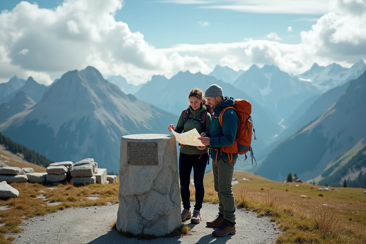Deux randonneurs consultant une carte au sommet du col du Petit Saint-Bernard avec panorama sur les Alpes