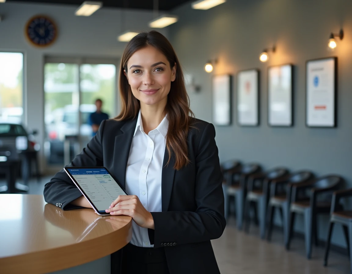 Responsable de centre de contrôle technique consultant un espace affilié en ligne sur tablette à l'accueil