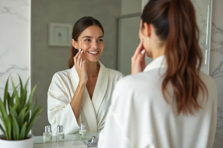 Femme appliquant un sérum visage devant un miroir dans une salle de bain minimaliste en marbre, routine beauté quotidienne