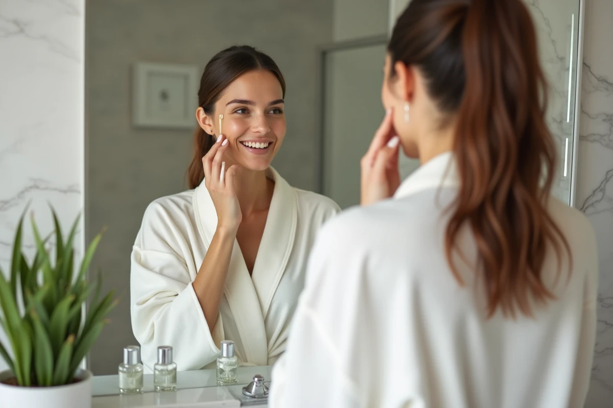 Femme appliquant un sérum visage devant un miroir dans une salle de bain minimaliste en marbre, routine beauté quotidienne