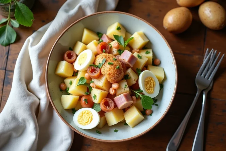 Salade piémontaise traditionnelle avec pommes de terre, œufs, cornichons et mayonnaise dans un bol en céramique sur table en bois