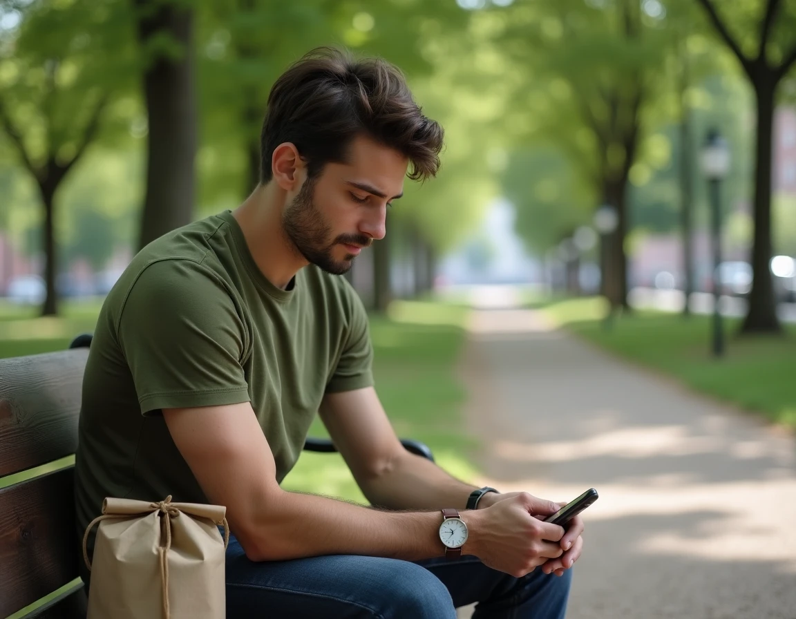 Jeune homme en pause numérique dans un parc urbain avec smartphone retourné illustrant la sobriété numérique et l'empreinte environnementale d'Internet