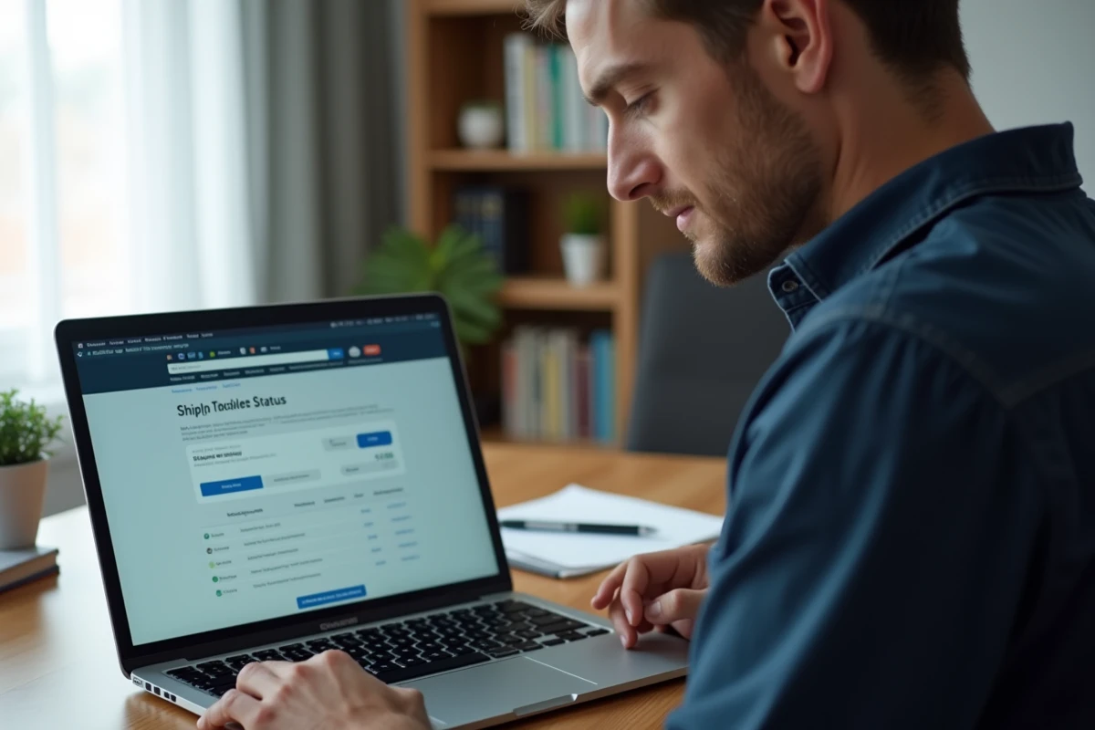 Homme consultant le suivi de commande Shein sur ordinateur portable dans un bureau