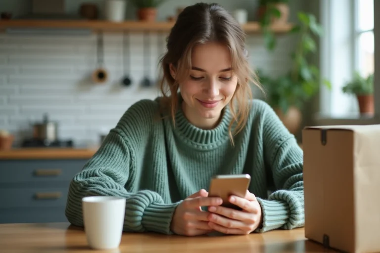 Jeune femme consultant le suivi de sa livraison Shein sur smartphone à table