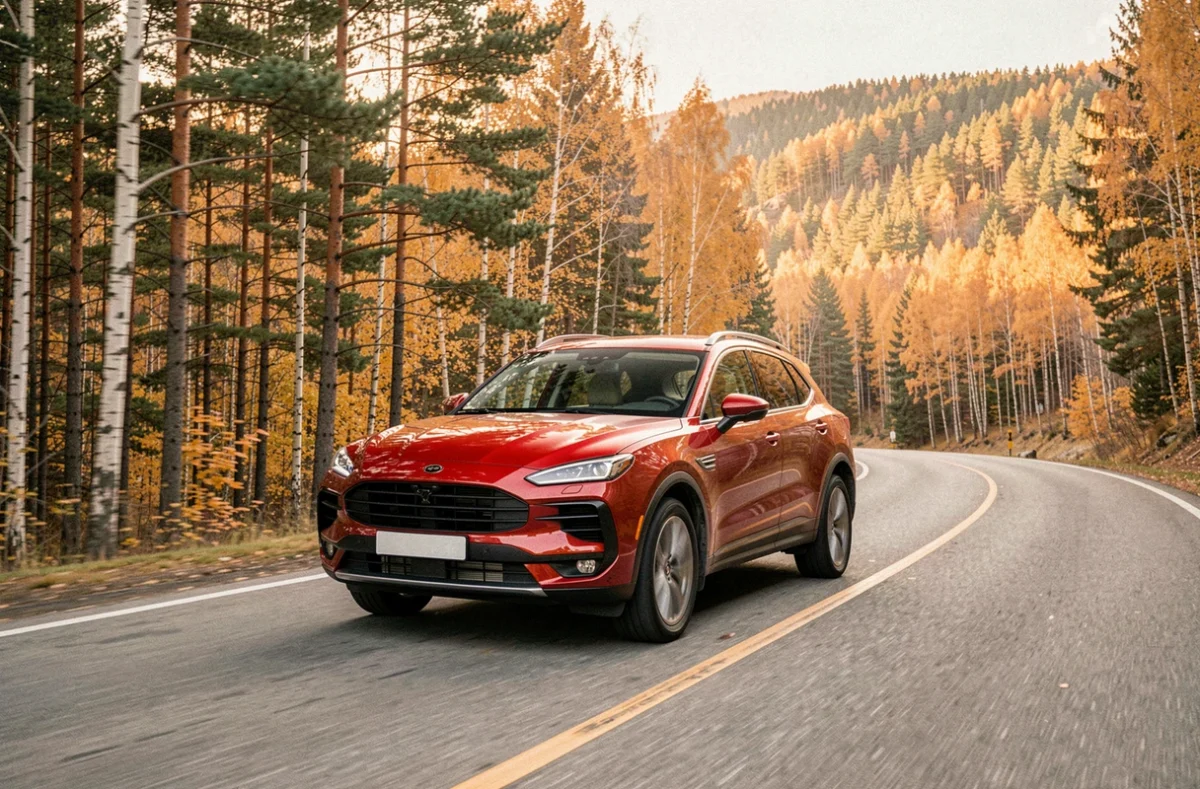 SUV sportif rouge en conduite dynamique sur une route de montagne bordée de forêts aux couleurs automnales