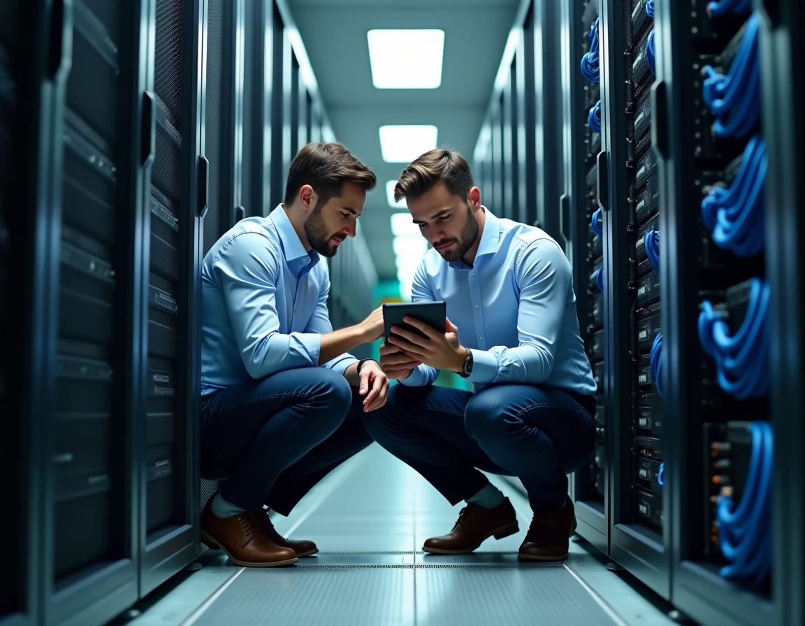Deux techniciens informatiques configurant un pare-feu réseau dans une salle de serveurs sécurisée d'un data center d'entreprise
