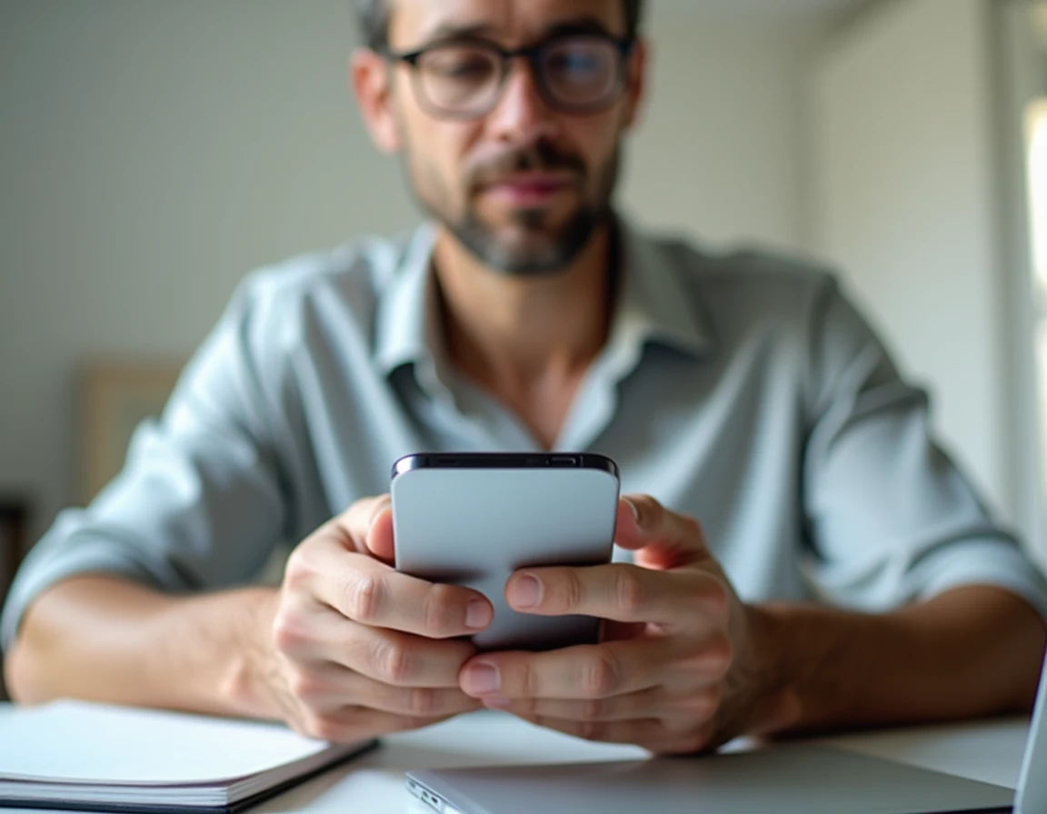 Homme tenant un smartphone affichant diverses applications, symbolisant la transformation du téléphone en terminal numérique universel