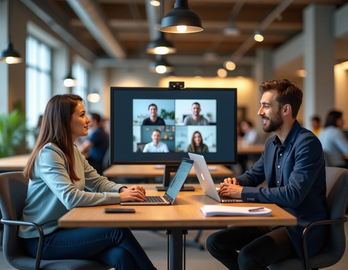 Homme et femme travaillant en télétravail dans un espace de coworking moderne partageant un écran lors d'une visioconférence