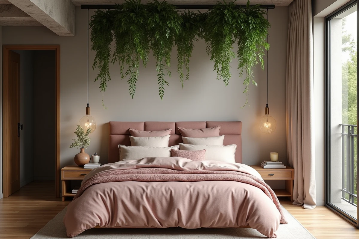 Chambre principale apaisante avec tête de lit en lin, plantes suspendues et décoration biophilique tendance
