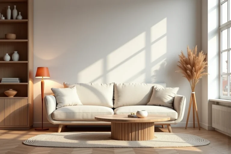 Salon scandinave moderne avec canapé bouclé crème, table basse en chêne et décorations tendance 2024