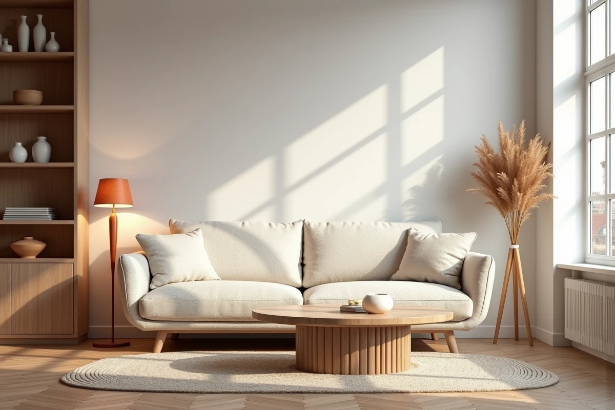 Salon scandinave moderne avec canapé bouclé crème, table basse en chêne et décorations tendance 2024