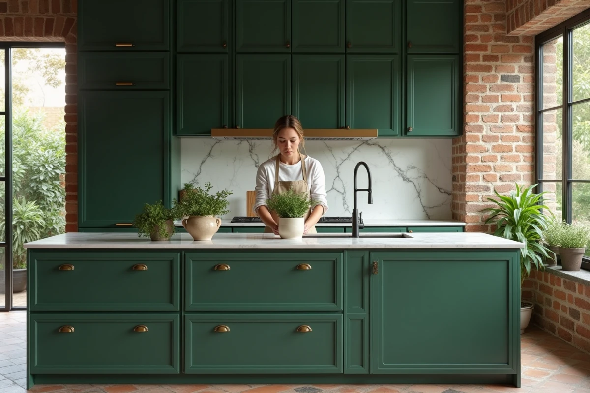 Cuisine rénovée avec armoires vert forêt, plan de travail en quartzite et quincaillerie en laiton brut
