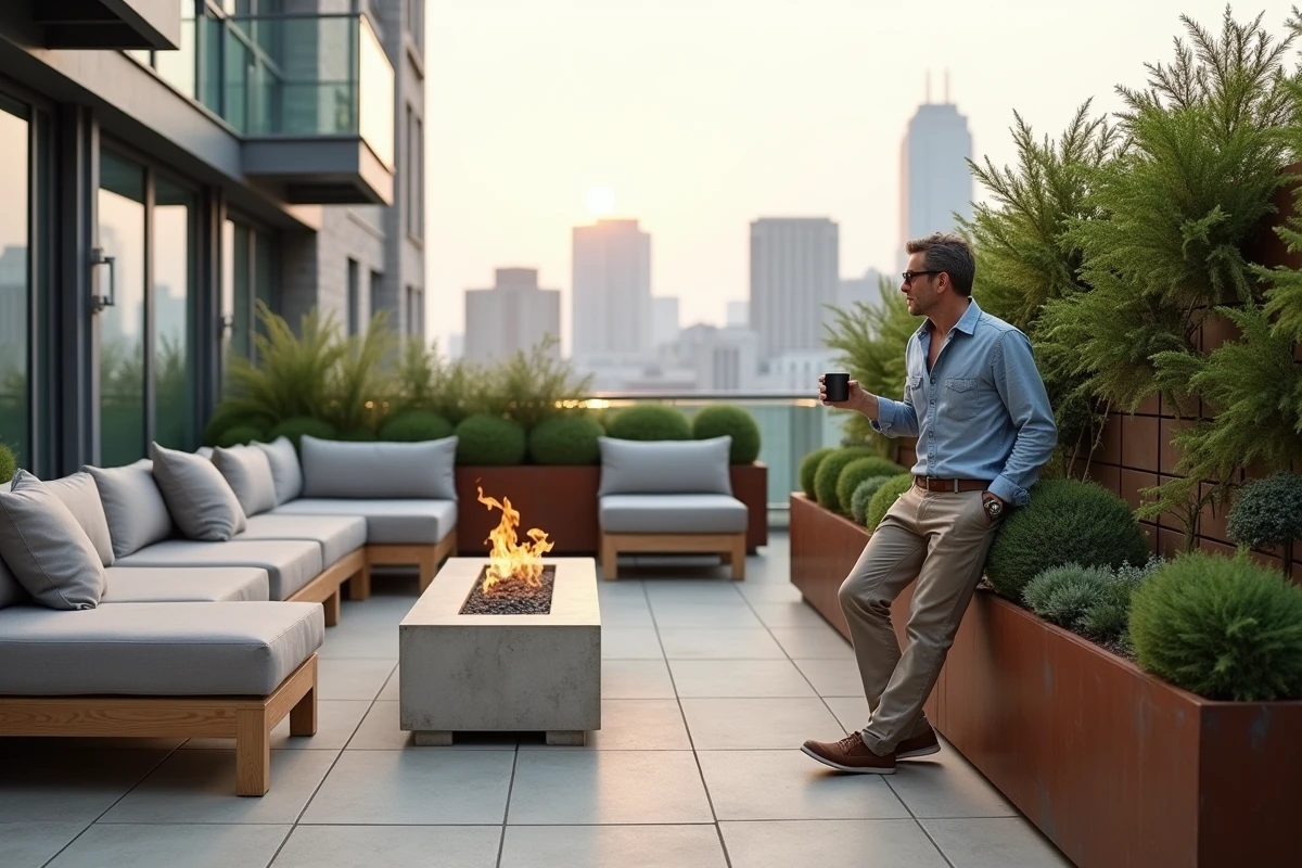 Terrasse urbaine moderne avec mobilier en teak, mur végétal en acier corten et foyer en béton tendance