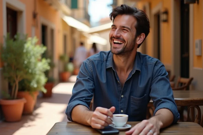 Jeune homme aux cheveux bruns souriant dans un café en terrasse méditerranéen, ambiance détendue et romantique